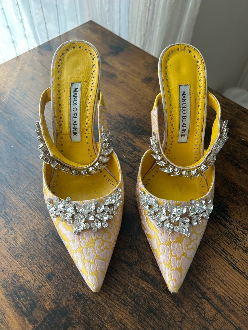 Manolo Blahnik Pink and Yellow Leopard-Print Lurum Crystal Mules